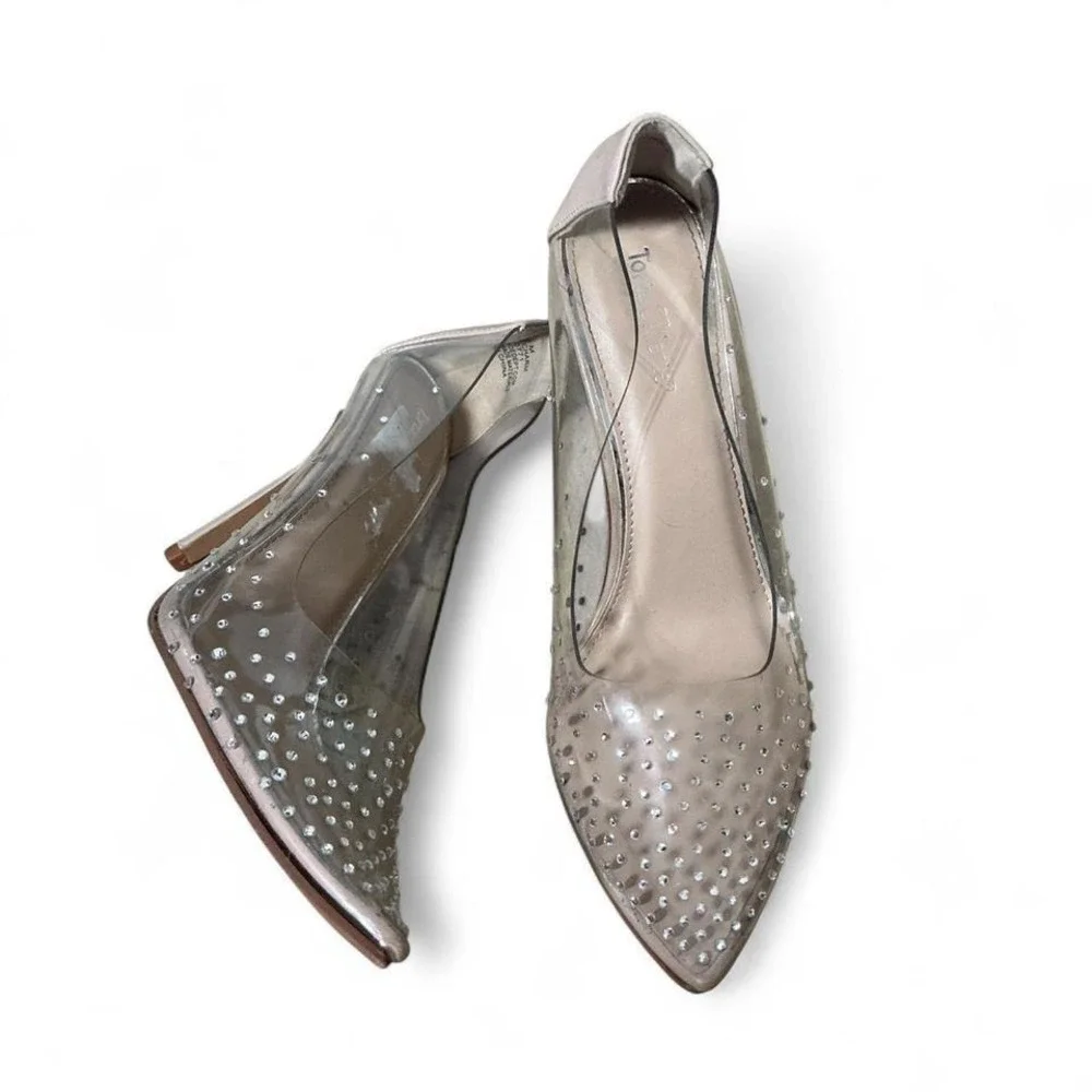 Torta Caliente Nude Rhinestone‎ Clear Pointed Toe Stiletto Pumps Heel 7.5M